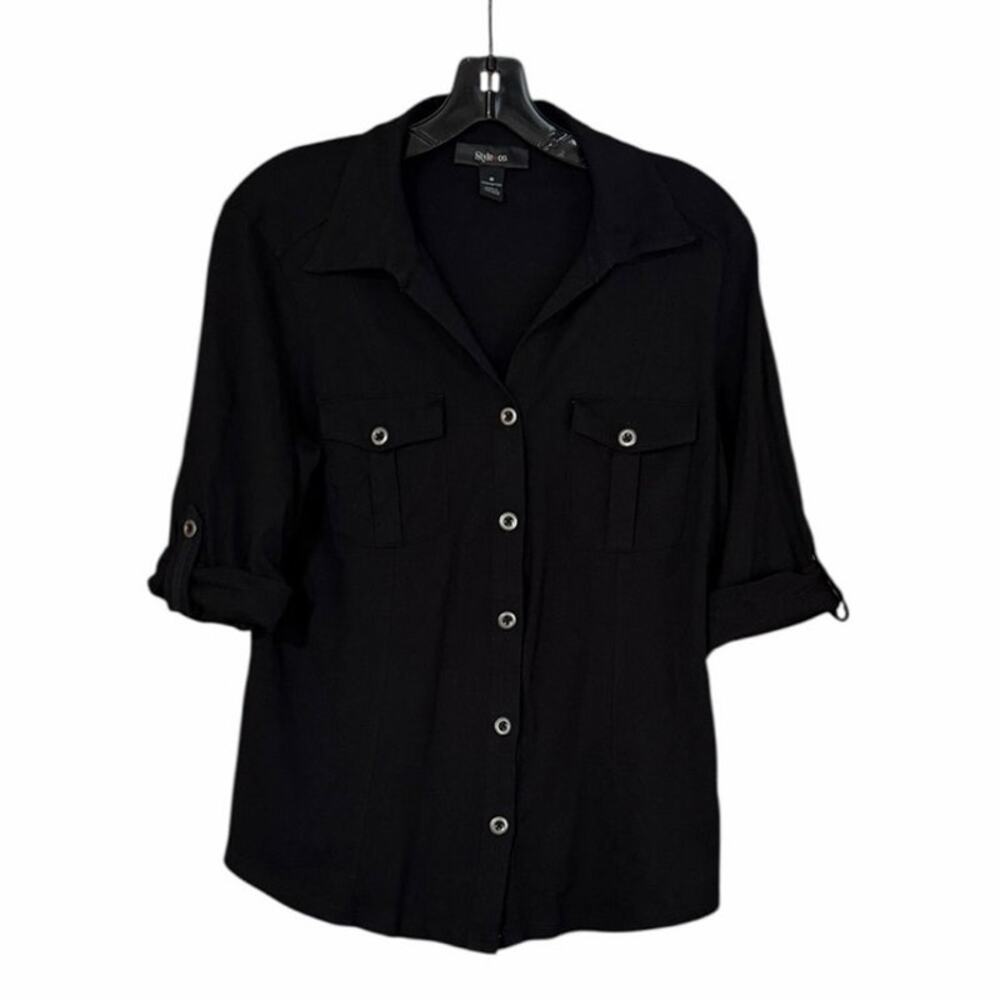 Style & Co Womens Size Medium Black Cotton Button-up Roll Sleeve Shirt Top